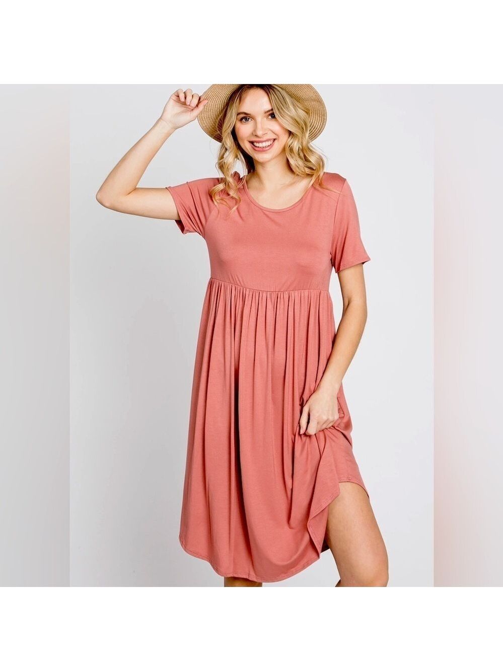 BomBom Dusty Pink Babydoll Round Hem Short Sleeve Knee Length Dress, size M